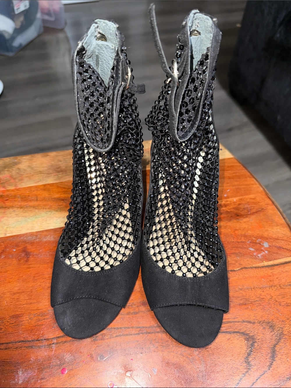 GUESS Black Beaded Mesh Peep-Toe Ankle-Heel Sandals